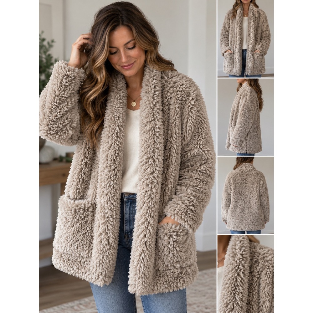 Kenneth Cole New York XS Faux Fur Teddy Coat Taupe Plush Oversized Lined Jacket